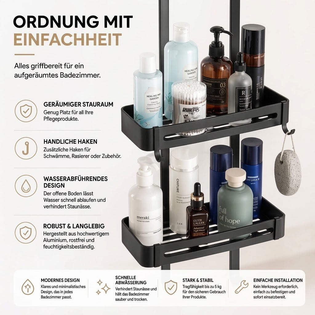 Duschregal Hängend 2 Etagen Schwarz Edelstahl 74cm Ohne Bohren mit Saugnäpfen