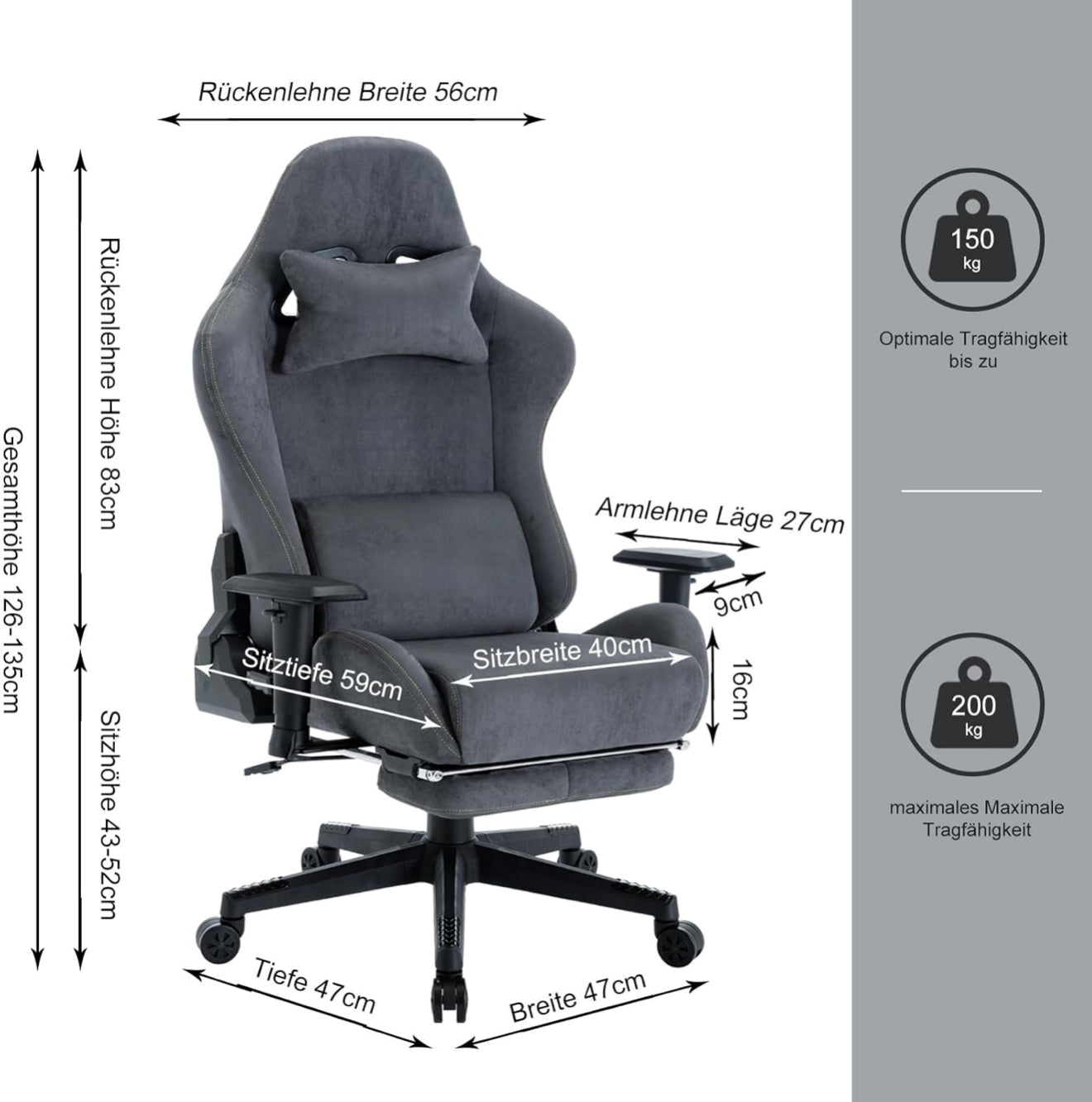 Gaming Stuhl ergonomisch | PC Stuhl, höhenverstellbar, drehbar, Fußstütze, 4 Farben