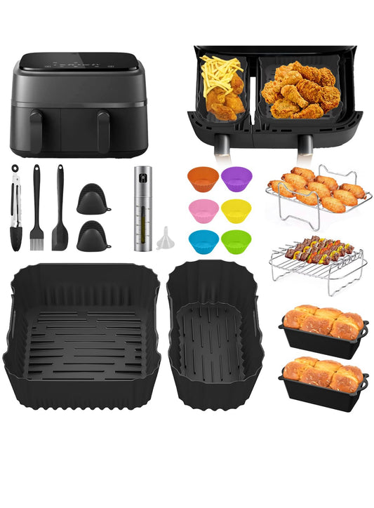Philips Airfryer Zubehör Set – 24-teilig für Philips Airfryer 3000/5000 Dual Basket Serie NA350/00 & NA550/00 – BPA-freies Silikon & Edelstahl, 6L + 3L Formen, Tostpfannen & Ölsprüher