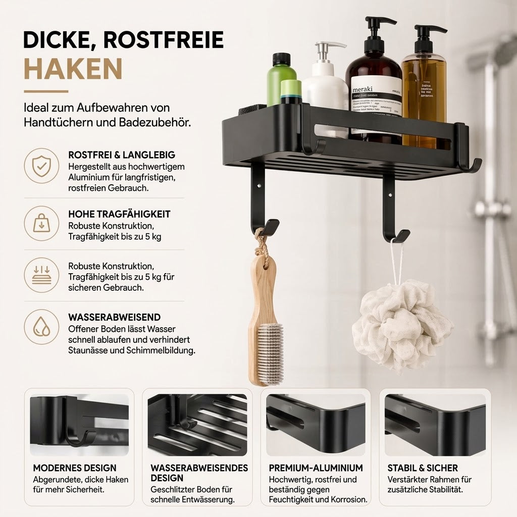 Duschregal Hängend 2 Etagen Schwarz Edelstahl 74cm Ohne Bohren mit Saugnäpfen