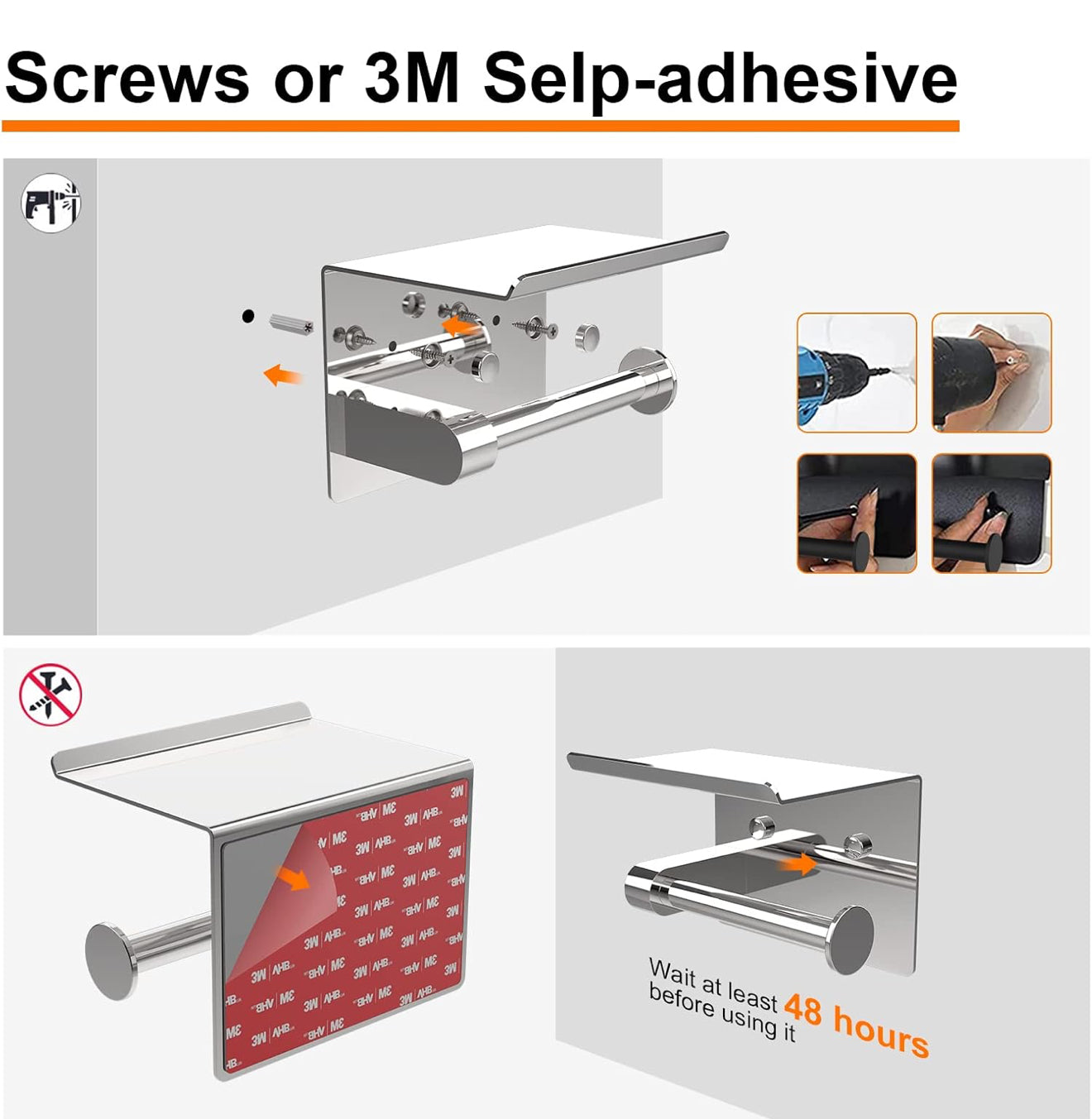 2X Toilettenpapierhalter Edelstahl mit Ablage, Selbstklebend oder Bohren, Silber