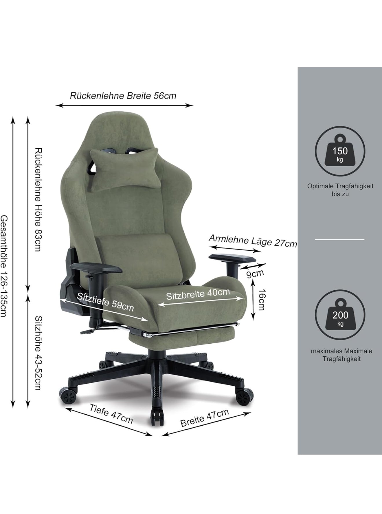Gaming Stuhl ergonomisch | PC Stuhl, höhenverstellbar, drehbar, Fußstütze, 4 Farben