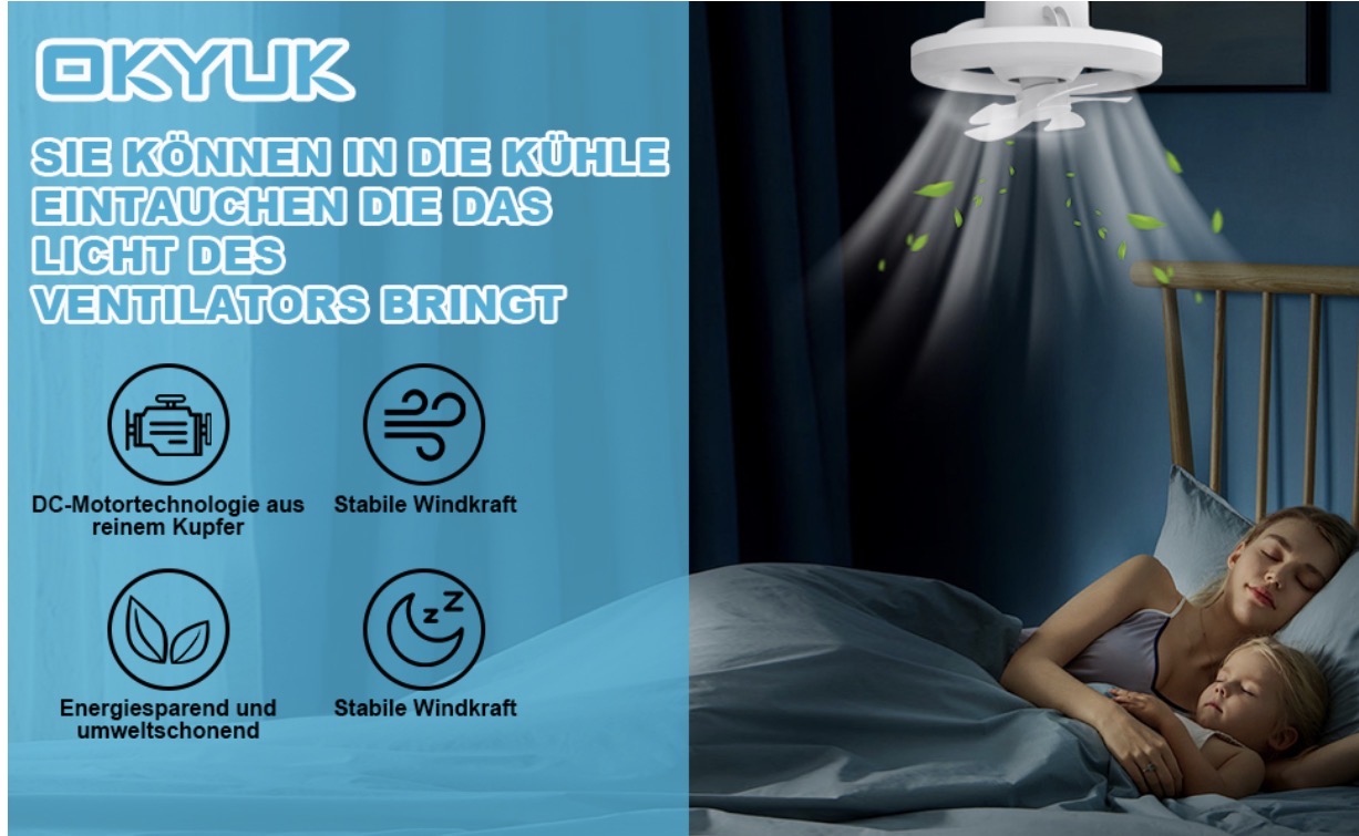 LED Deckenventilator mit Licht, Fernbedienung, 360° drehbar, dimmbar, 3 Lichtmodi