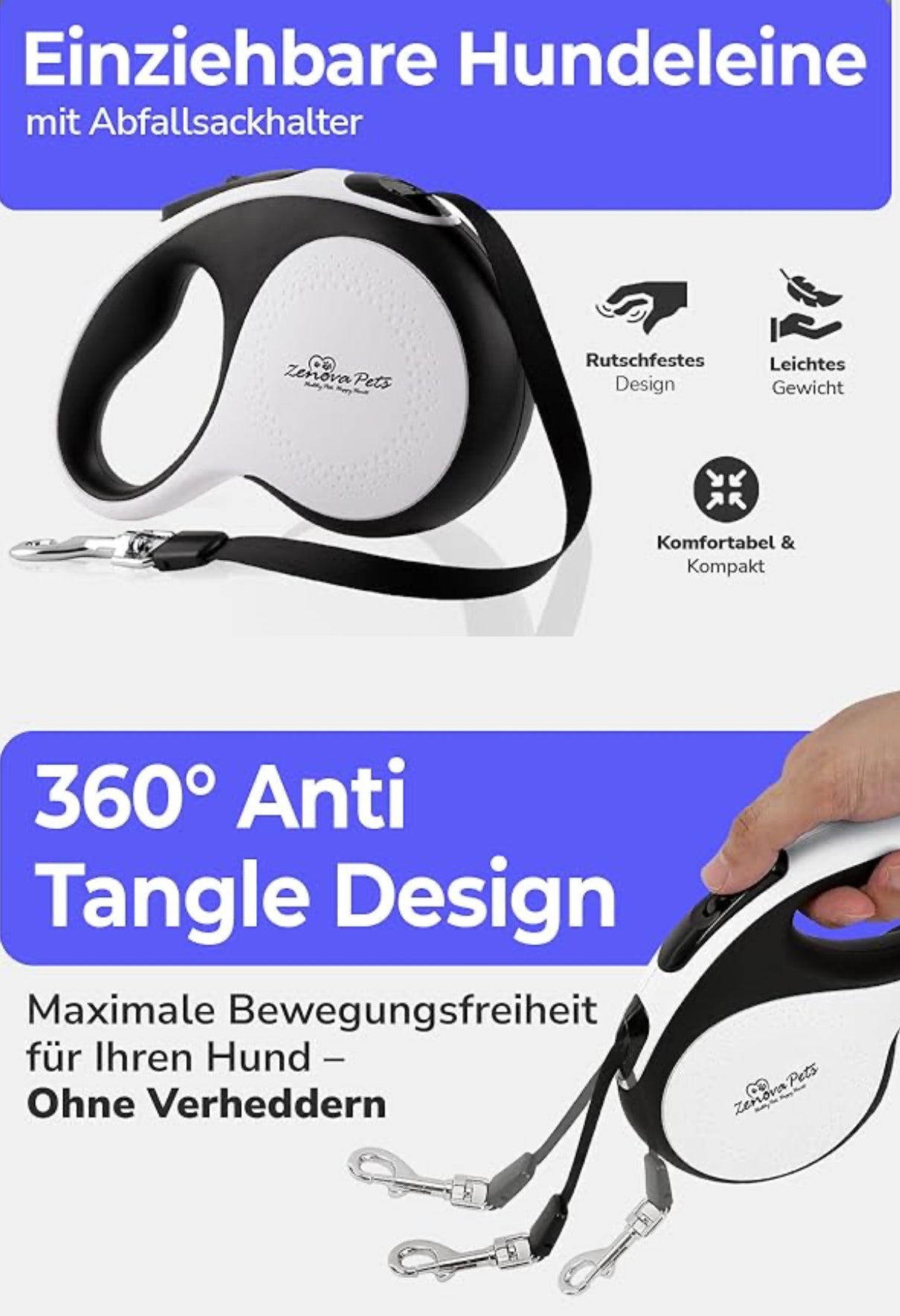 Hunde Rollleine 5m mit Kotbeutelhalter | Schnellbremse, rutschfest bis 30kg