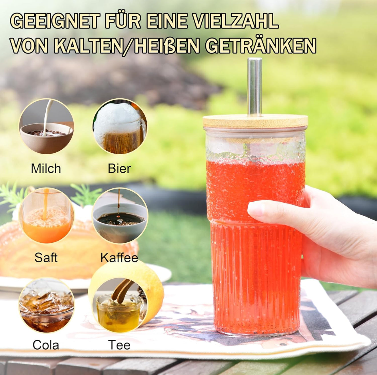 2x 600ml Boba Cup Glas Trinkbecher mit Bambusdeckel & Edelstahl Stronhalm Set