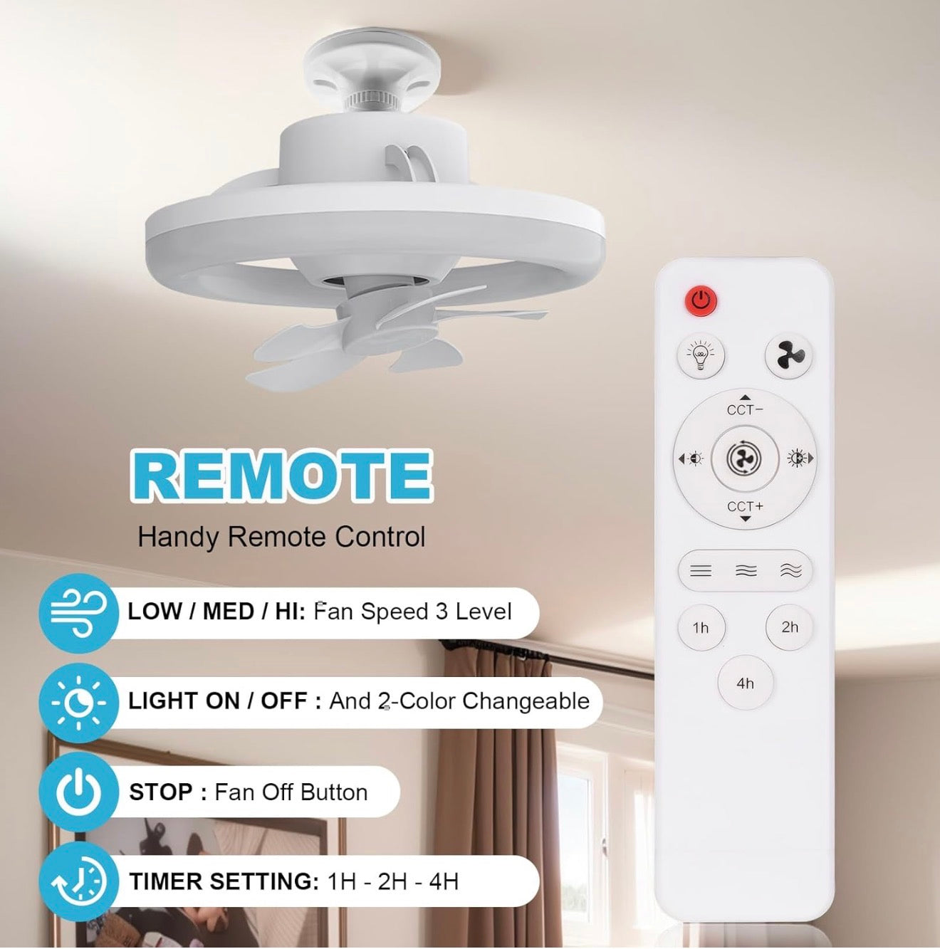 LED Deckenventilator mit Licht, Fernbedienung, 360° drehbar, dimmbar, 3 Lichtmodi