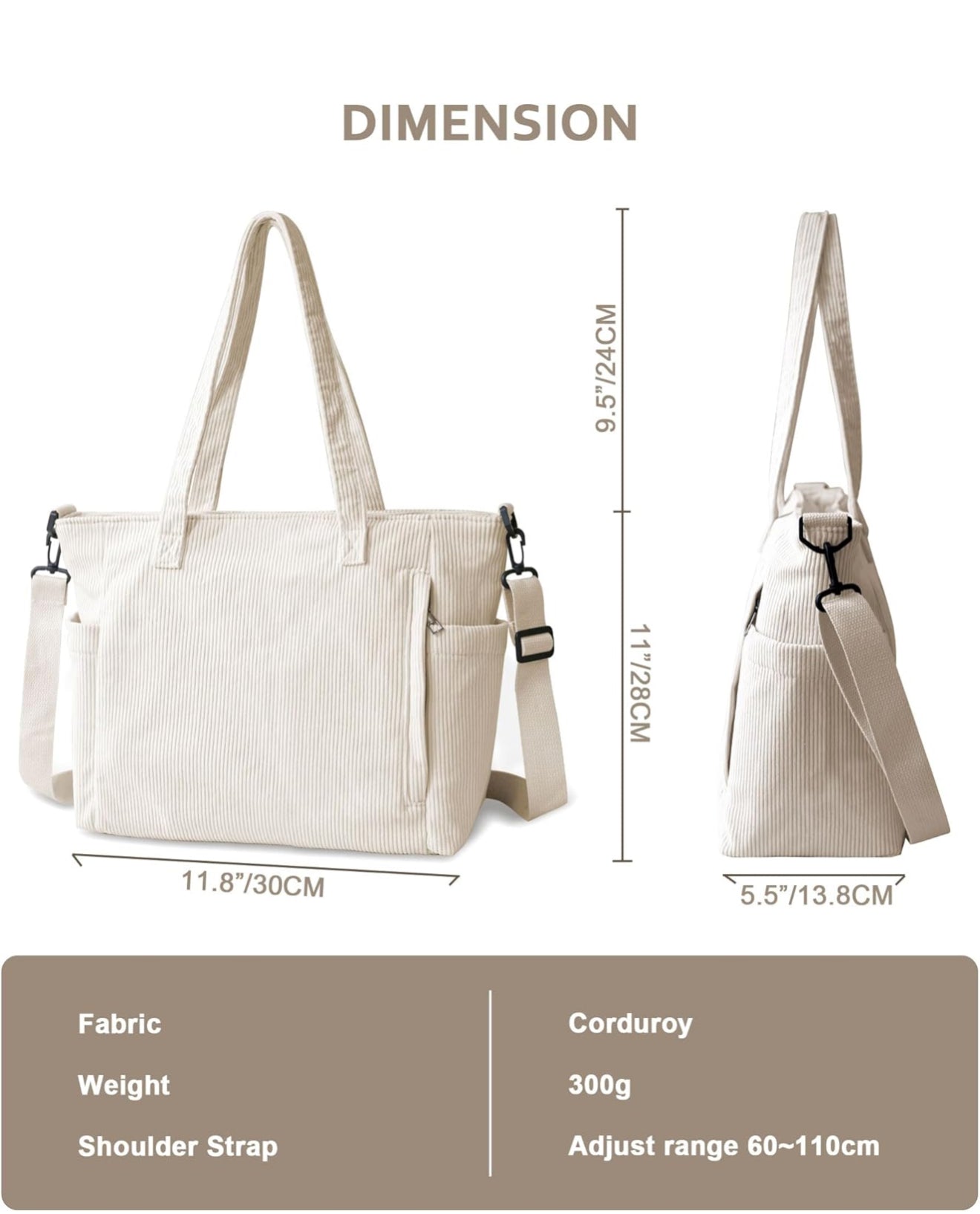 Cord Shopper Schultertasche Hobo Groß Schwarz/Beige mit Reißverschluss + Schlüsselanhänger