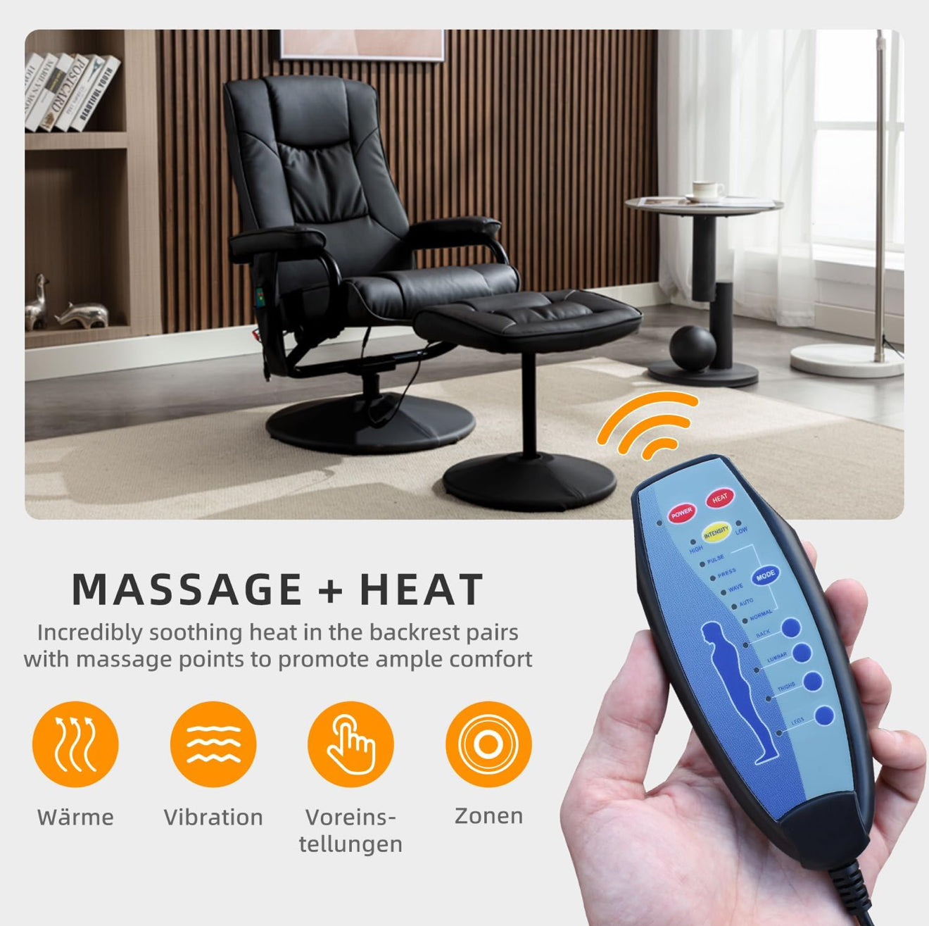 ALTIN™ Elektrischer Massagesessel mit Wärmefunktion – Liegefunktion, Fußhocker, 360° Drehbar, Kunstleder, Schwarz – Relax- & TV-Sessel mit Seitentasche