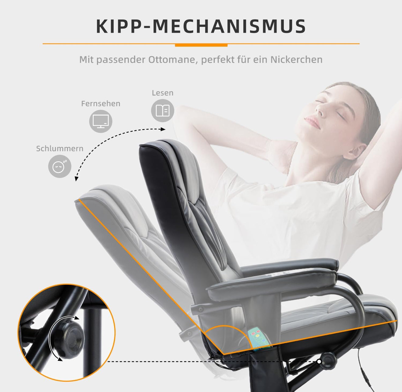 ALTIN™ Elektrischer Massagesessel mit Wärmefunktion – Liegefunktion, Fußhocker, 360° Drehbar, Kunstleder, Schwarz – Relax- & TV-Sessel mit Seitentasche