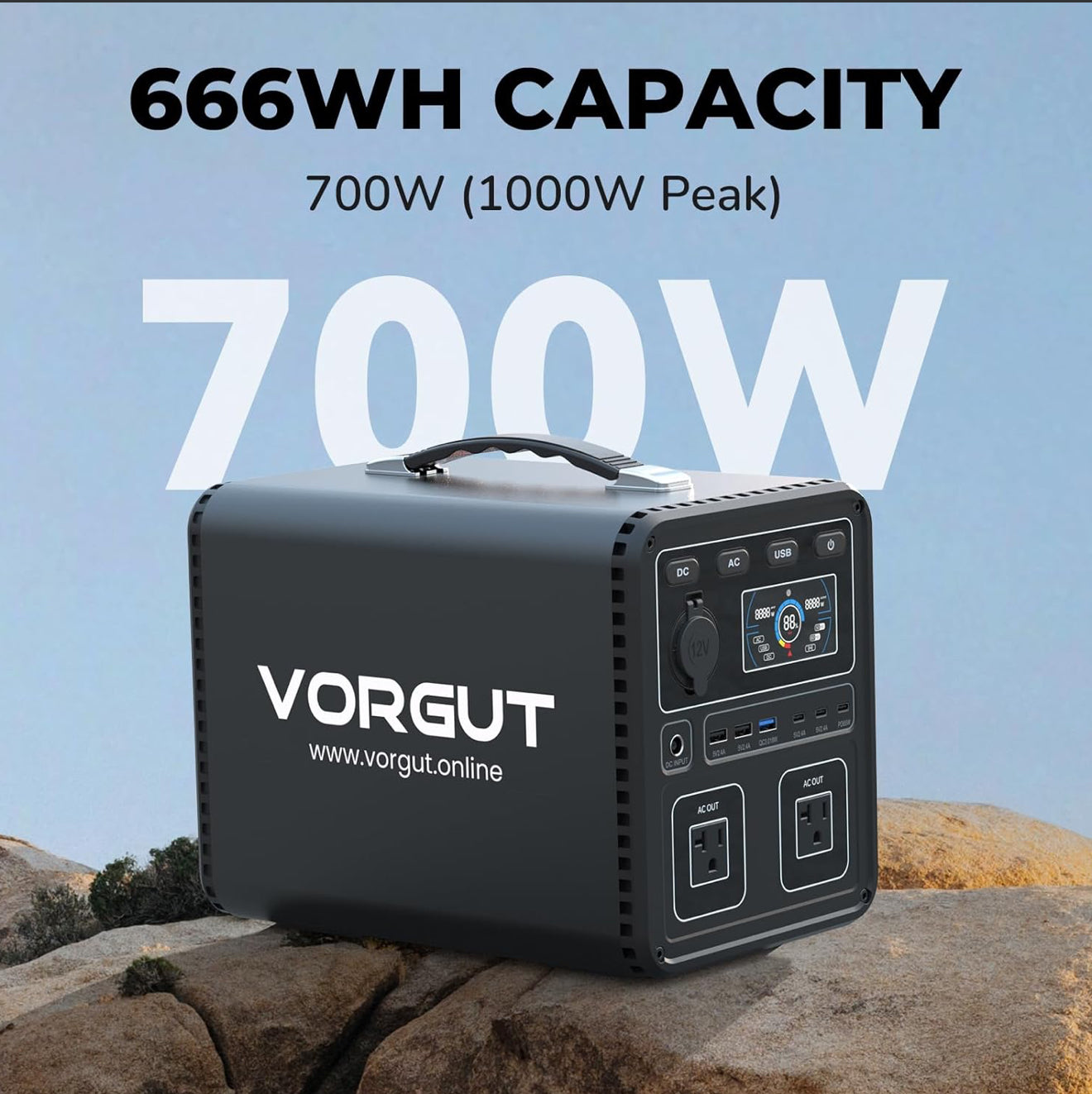 Tragbare Powerstation 666Wh 700W – VORGUT P7 – LiFePO4 Akku – Solar-Ladung – Für Outdoor, Camping & Notfälle