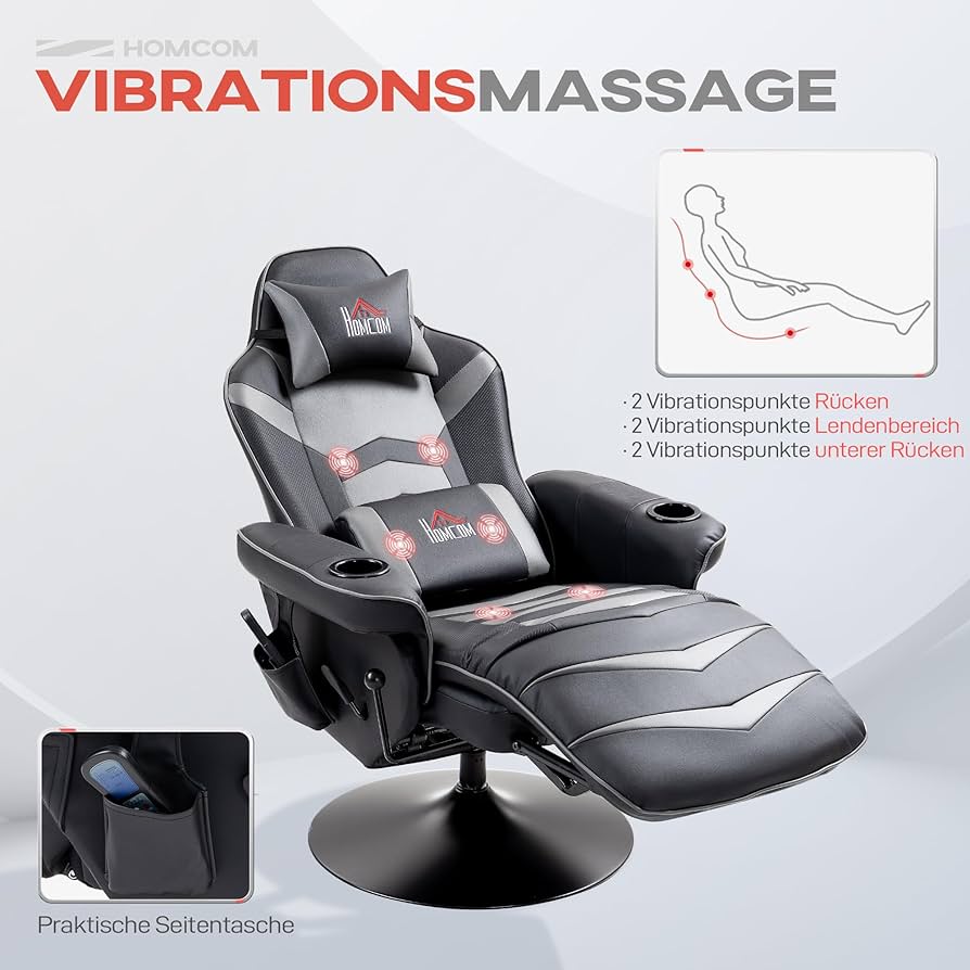 Gaming Massagesessel mit Fußstütze, 150° Lehne, Grau , Rot ,