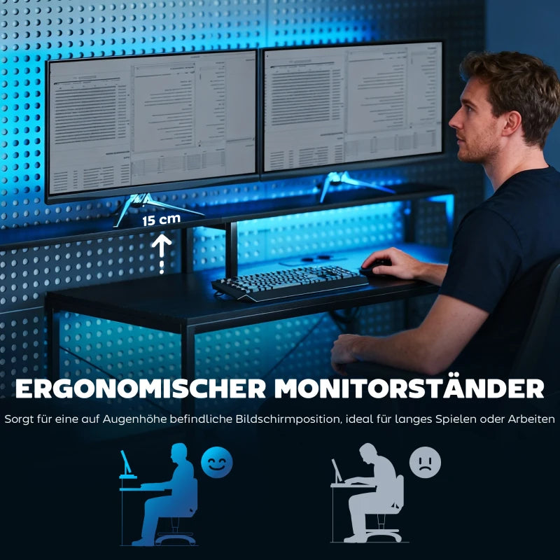 L-förmiger Gaming-Schreibtisch mit LED, Steckdosen & Monitorablage