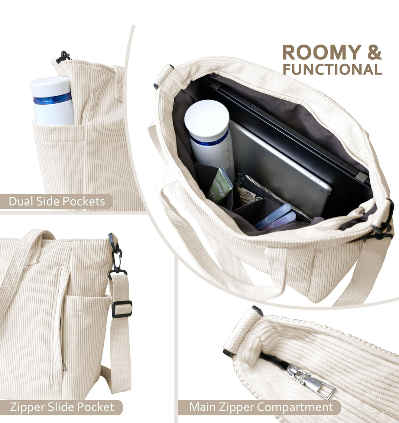 Cord Shopper Schultertasche Hobo Groß Schwarz/Beige mit Reißverschluss + Schlüsselanhänger