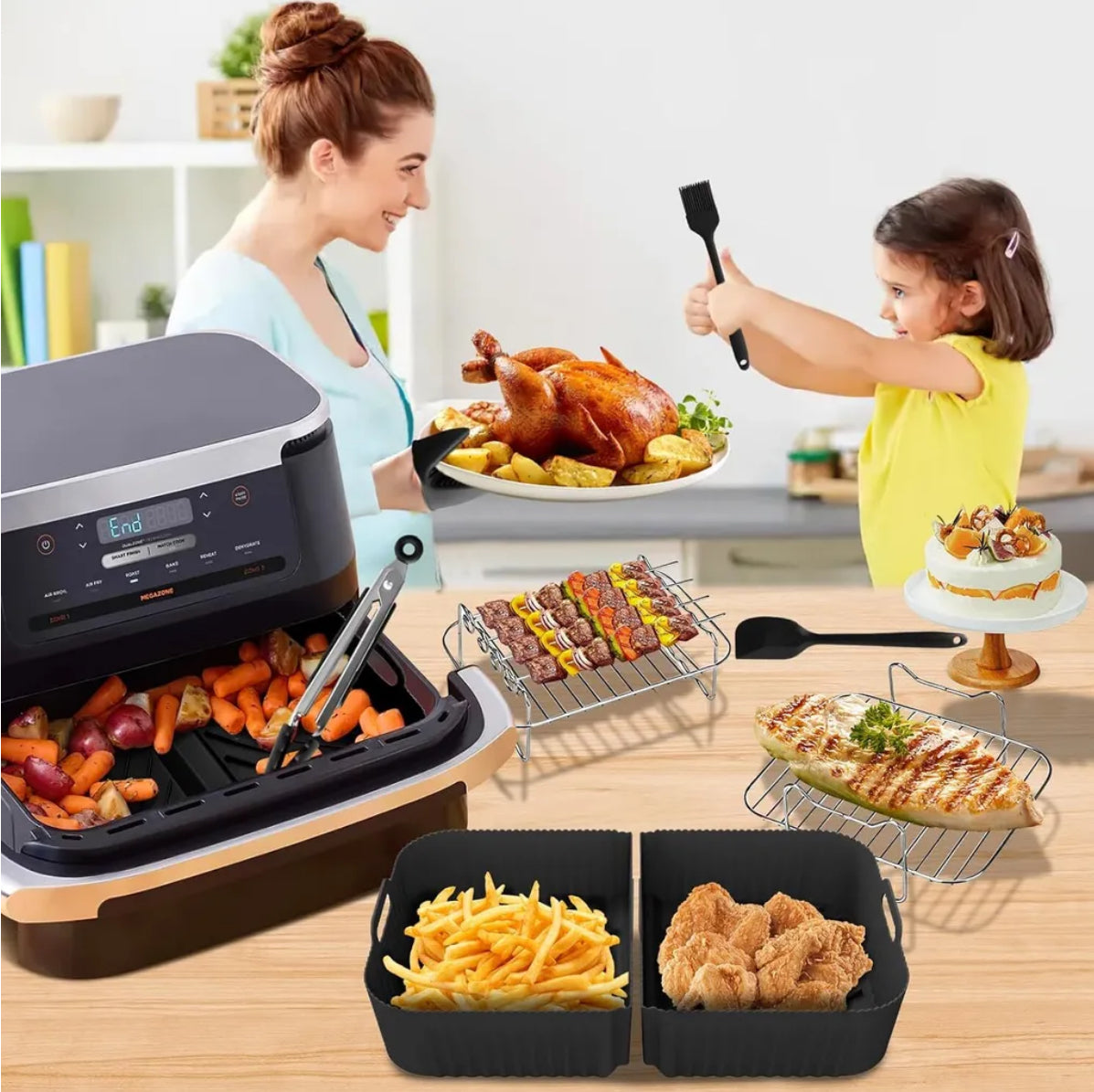 Airfryer Zubehör Set für Ninja Foodi FlexDrawer AF500EU 10.4 L – 16-teiliges XXL Silikon- & Edelstahl-Set mit Ölsprüher + Deckel, Spießen, Grillrost & Küchenhelfer