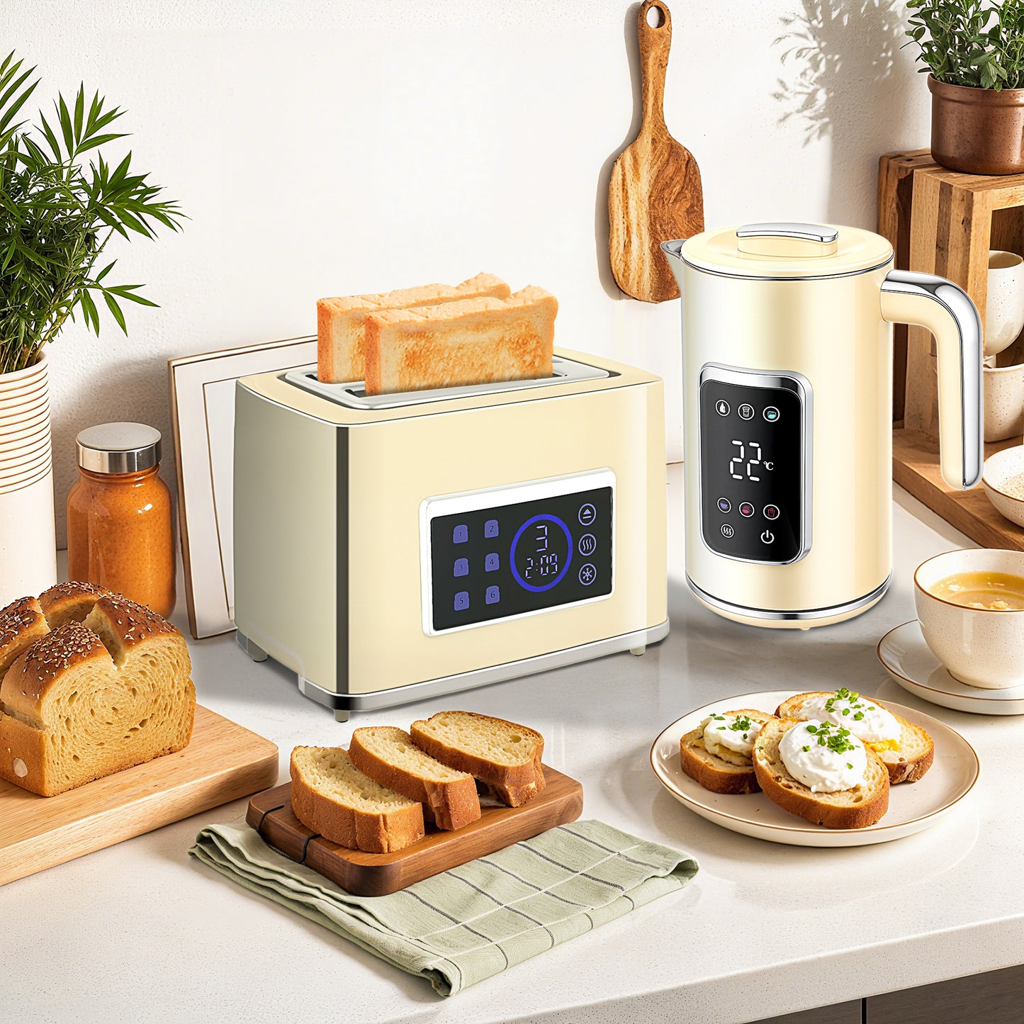 Elektrischer Wasserkocher & Toaster-Set 1,7L LED-Touchscreen Schwarz/Creme