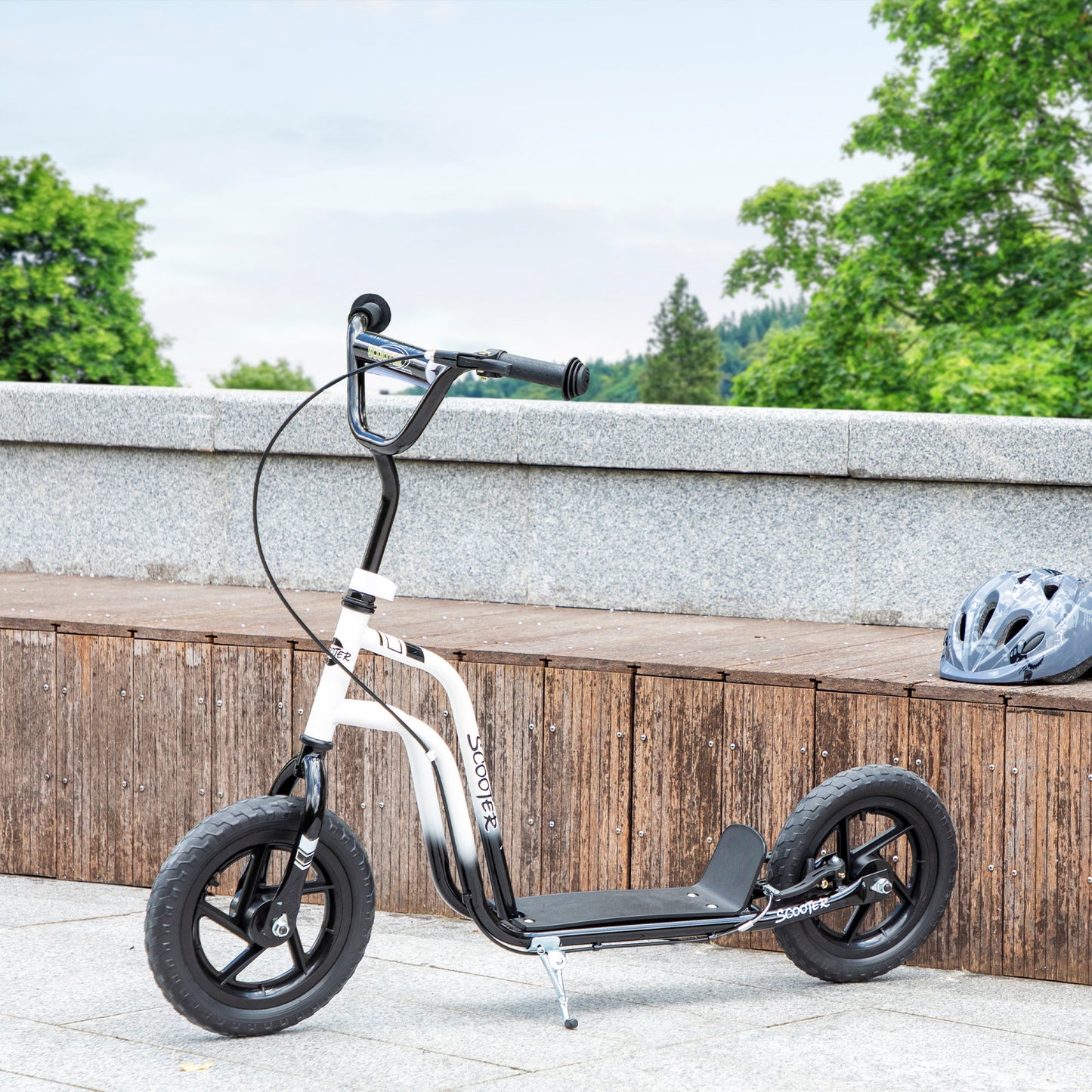 Kinderroller höhenverstellbar 5–12J, 12” Räder, Handbremse, Ständer