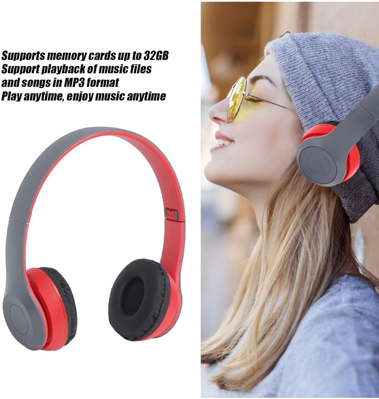 Kabelloser Bluetooth 5.0 P47 Kopfhörer Faltbar Stereo, FM, TF, Weiß/Rot/Schwarz