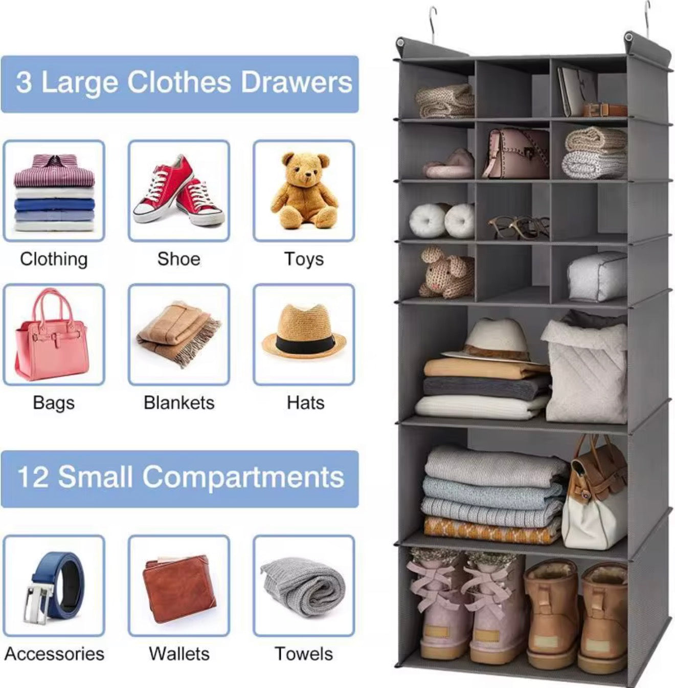 2er Set Schrank Organizer 30 Fächer Hängeregal Kleiderschrank Aufbewahrung Grau