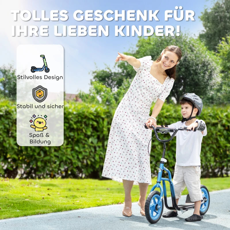 Kinderroller höhenverstellbar 5–12J, 12” Räder, Handbremse, Ständer