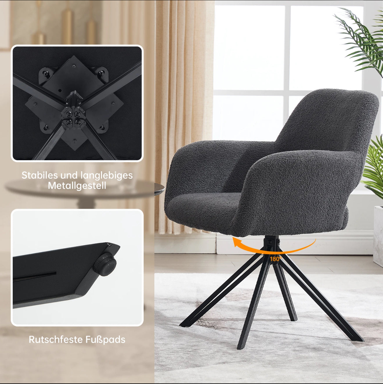 2er Set Drehbare Esszimmerstühle aus Teddy-/Bouclé-Stoff – 180° Selbstrückstellung, Komfort & Stil – Schwarz oder Weiß – Kostenloser Versand