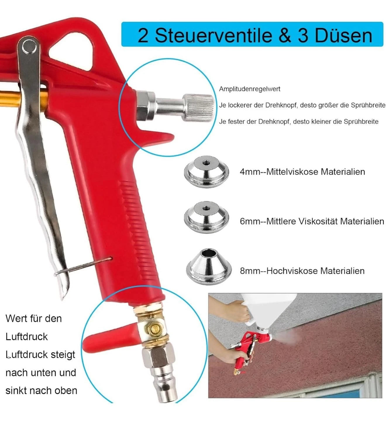 6L Trichterpistole Putzpistole Druckluft mit 3 Düsen 4/6/8 mm Wand Decke