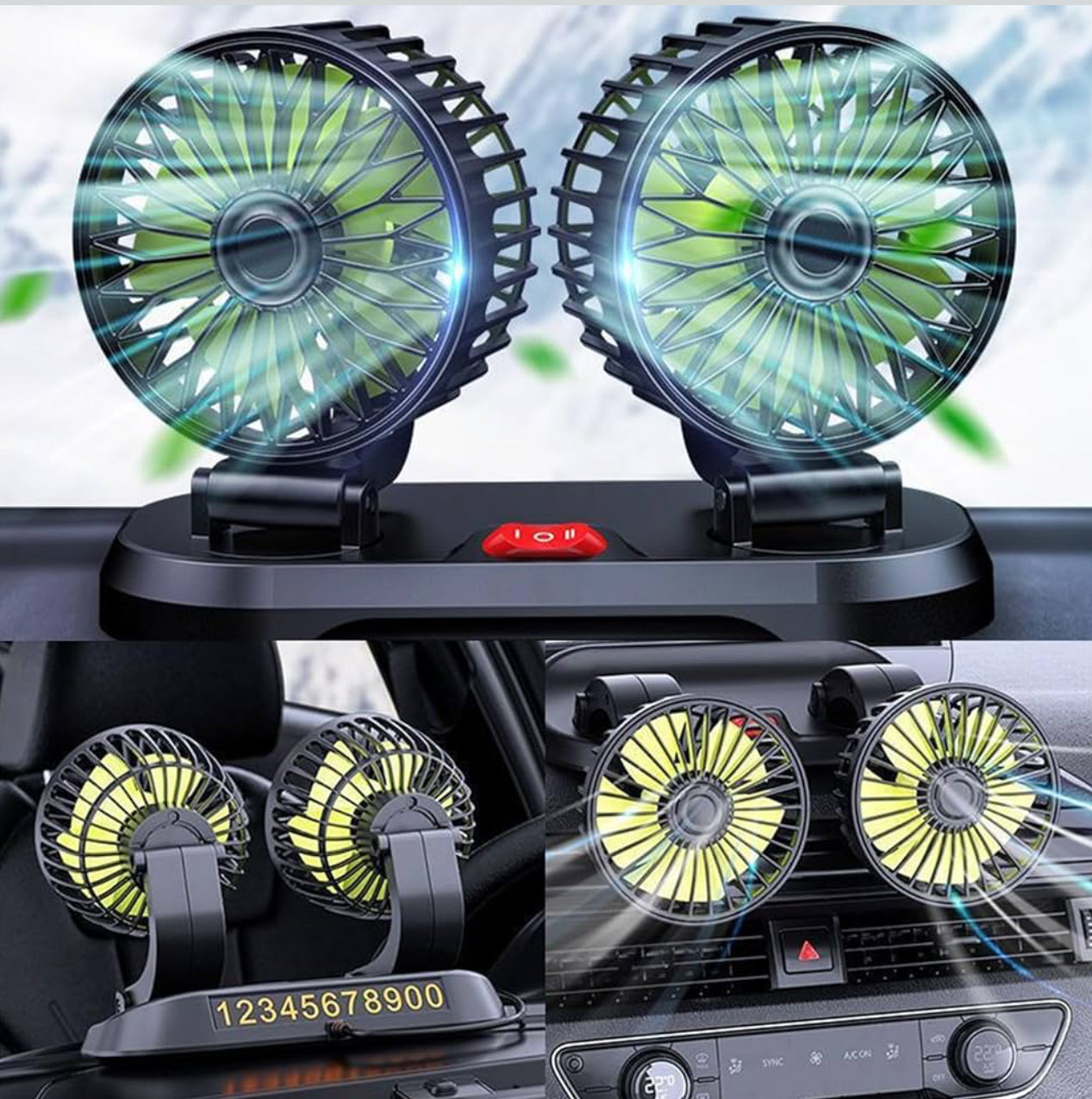 12V Doppelkopf Auto-Lüfter 360° drehbar – Für alle Fahrzeuge, Büro & Caravan