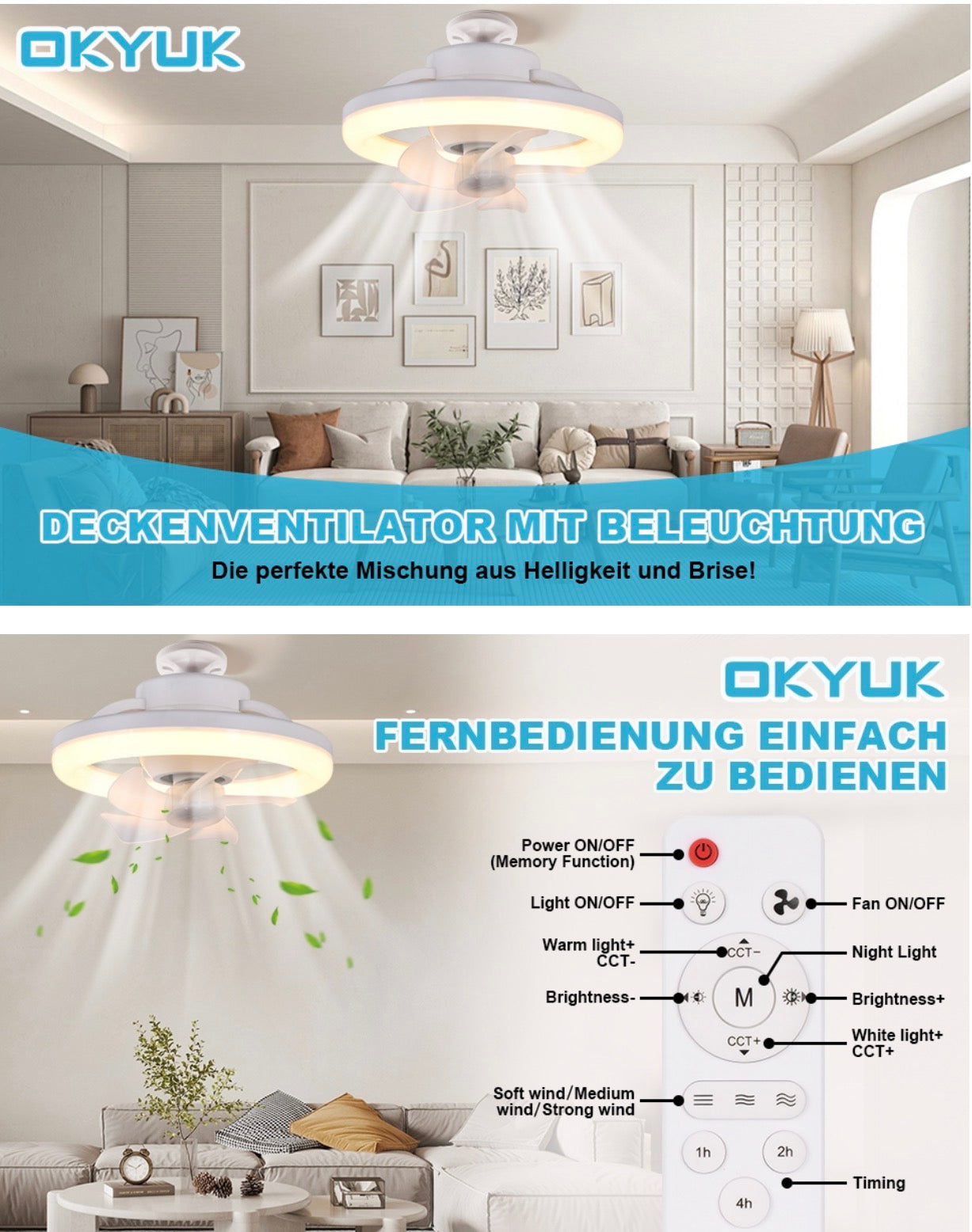 LED Deckenventilator mit Licht, Fernbedienung, 360° drehbar, dimmbar, 3 Lichtmodi