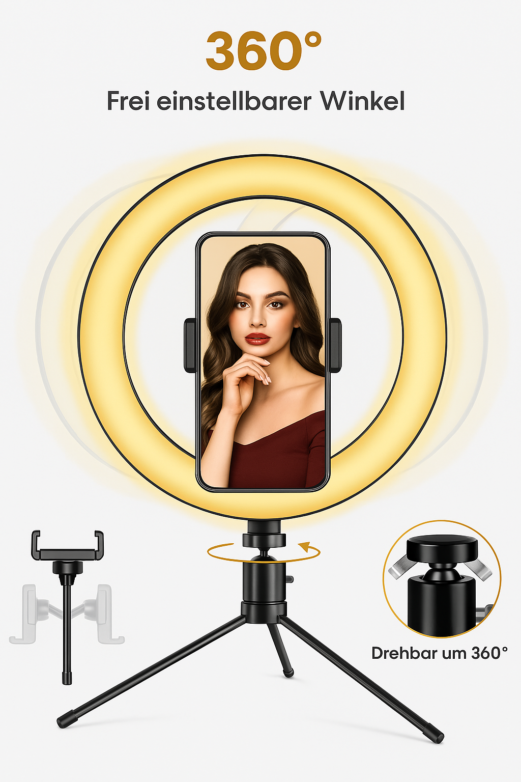 ALTIN™ 10” LED Selfie Ringlicht mit Handyhalter & Stativ – Dimmbar, 3 Lichtmodi, 10 Helligkeitsstufen, 120 LEDs, USB-Betrieb & Bluetooth-Fernauslöser – Für Make-up, Video, Livestream
