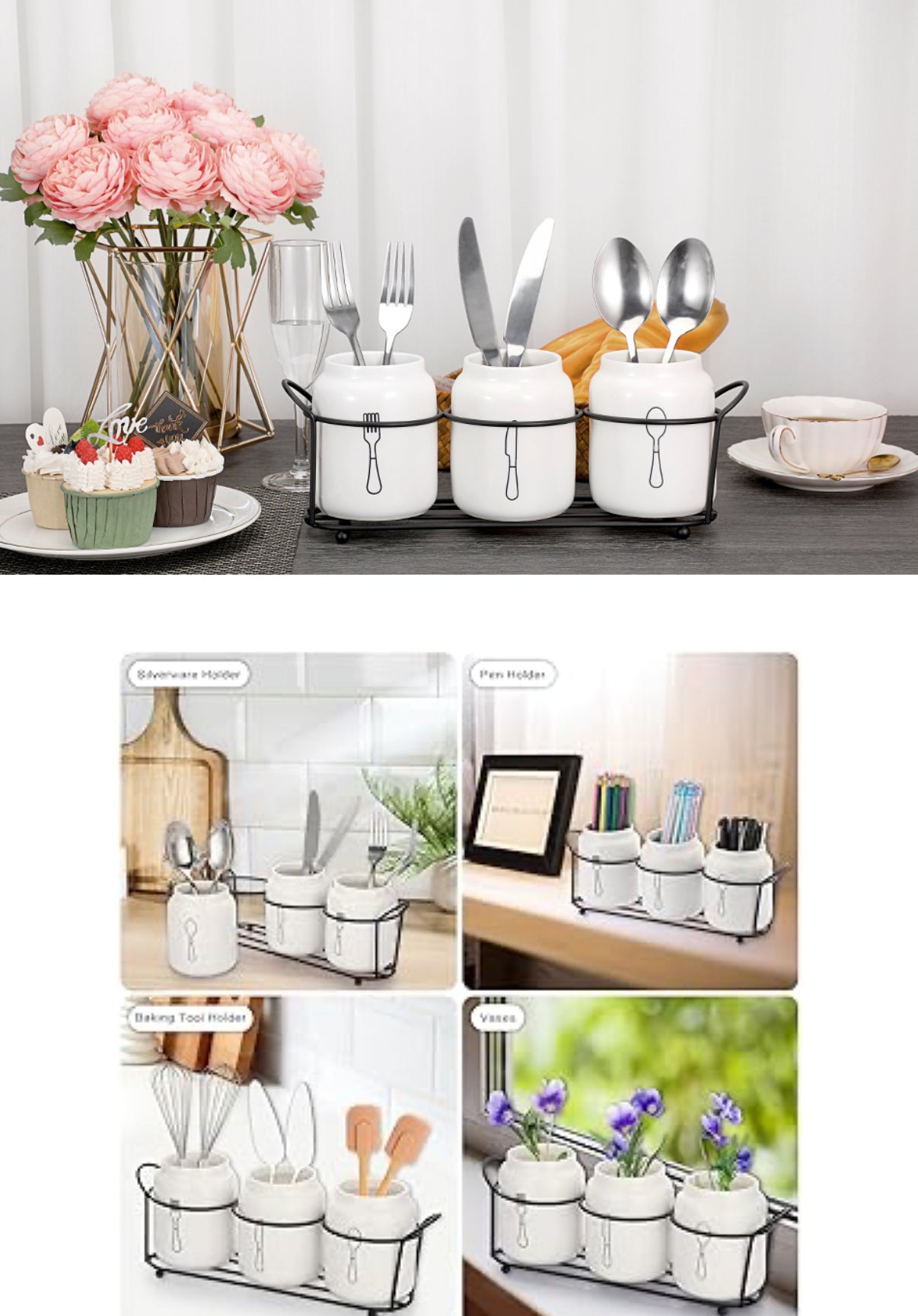 Besteckhalter aus Keramik 🥄 Gabel Messer Löffel + Metallständer Weiß Küche