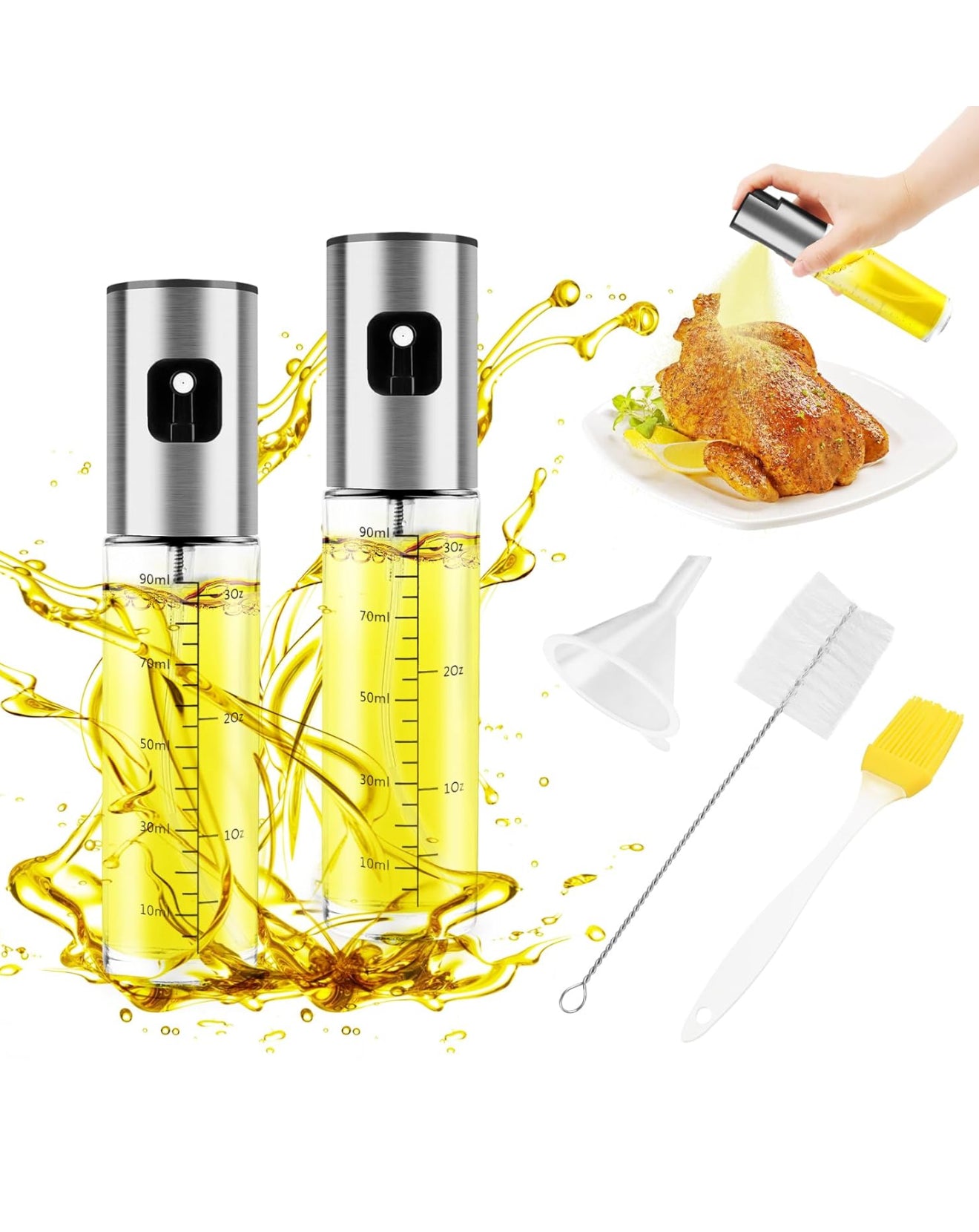 Öl Sprüher Set 2×100ml Glas + Ölpinsel | Nachfüllbar, Grillen, Salat, Küche