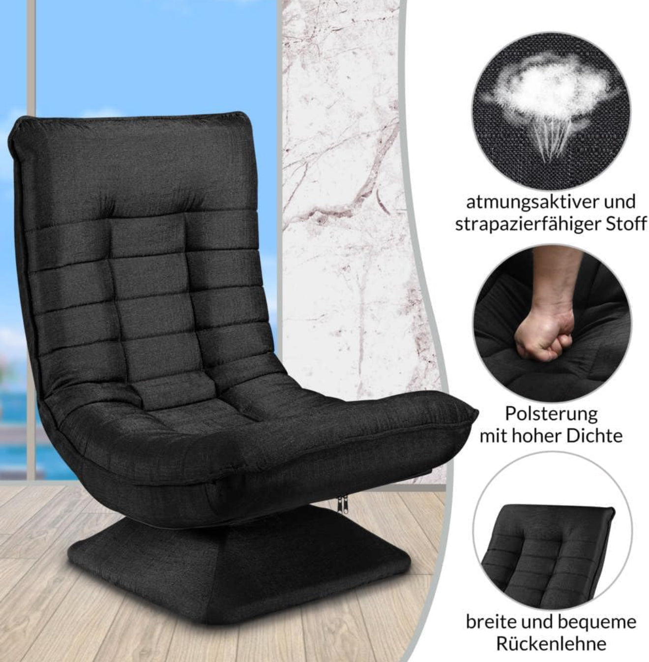 ALTIN™ Bodenstuhl – 360° Drehbar | Verstellbare Rückenlehne | Klappbares Bodensofa | Relax & Gaming Sessel in Grau/Schwarz