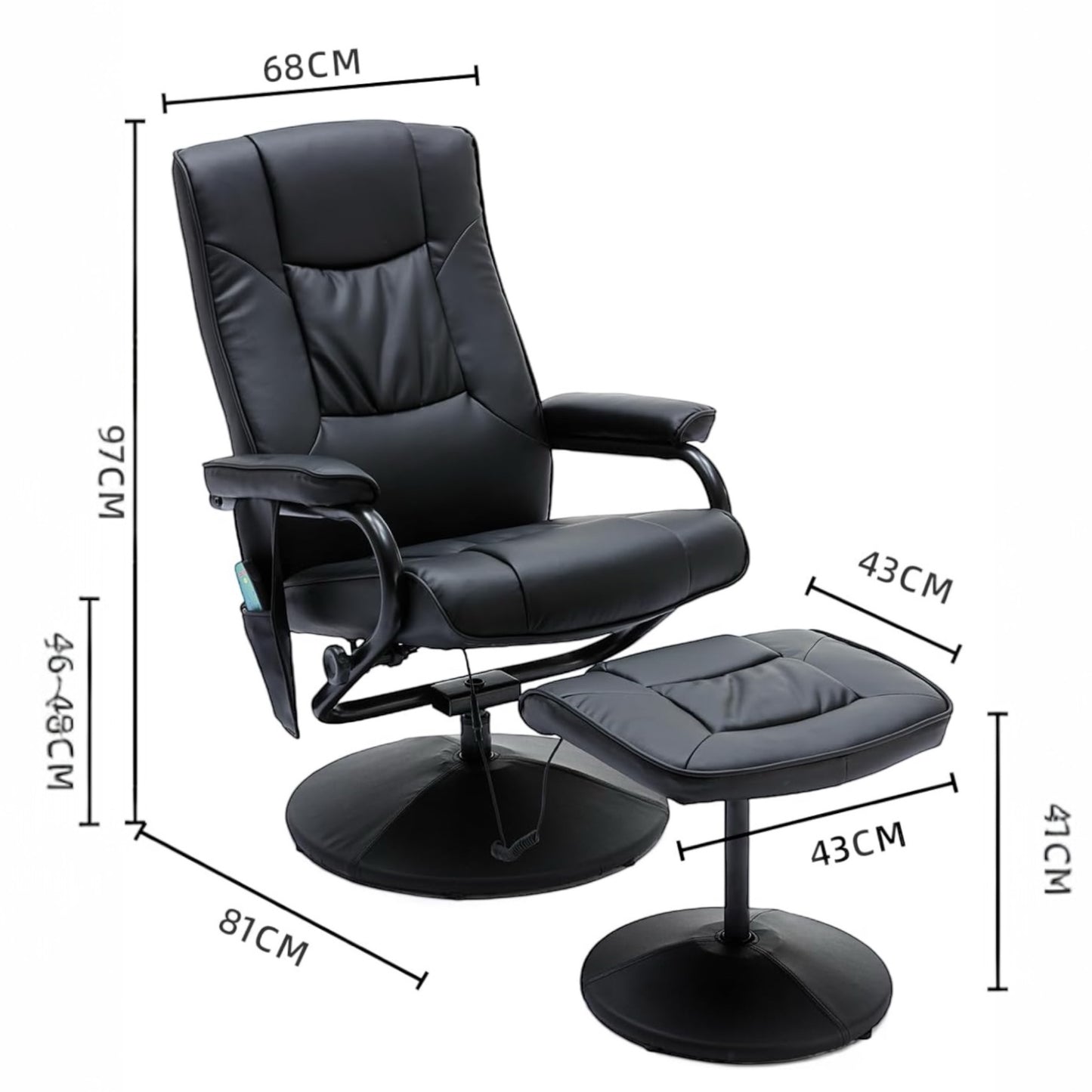 ALTIN™ Elektrischer Massagesessel mit Wärmefunktion – Liegefunktion, Fußhocker, 360° Drehbar, Kunstleder, Schwarz – Relax- & TV-Sessel mit Seitentasche