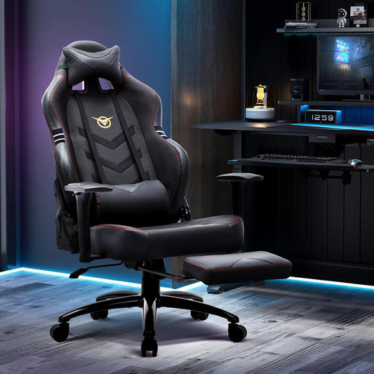 Ergonomischer Gaming-Stuhl mit Fußstütze – 159 kg belastbar, PU-Leder, große Sitzfläche, 3D-Armlehnen, verstellbare Rückenlehne (bis 150°), Home Office & Gaming