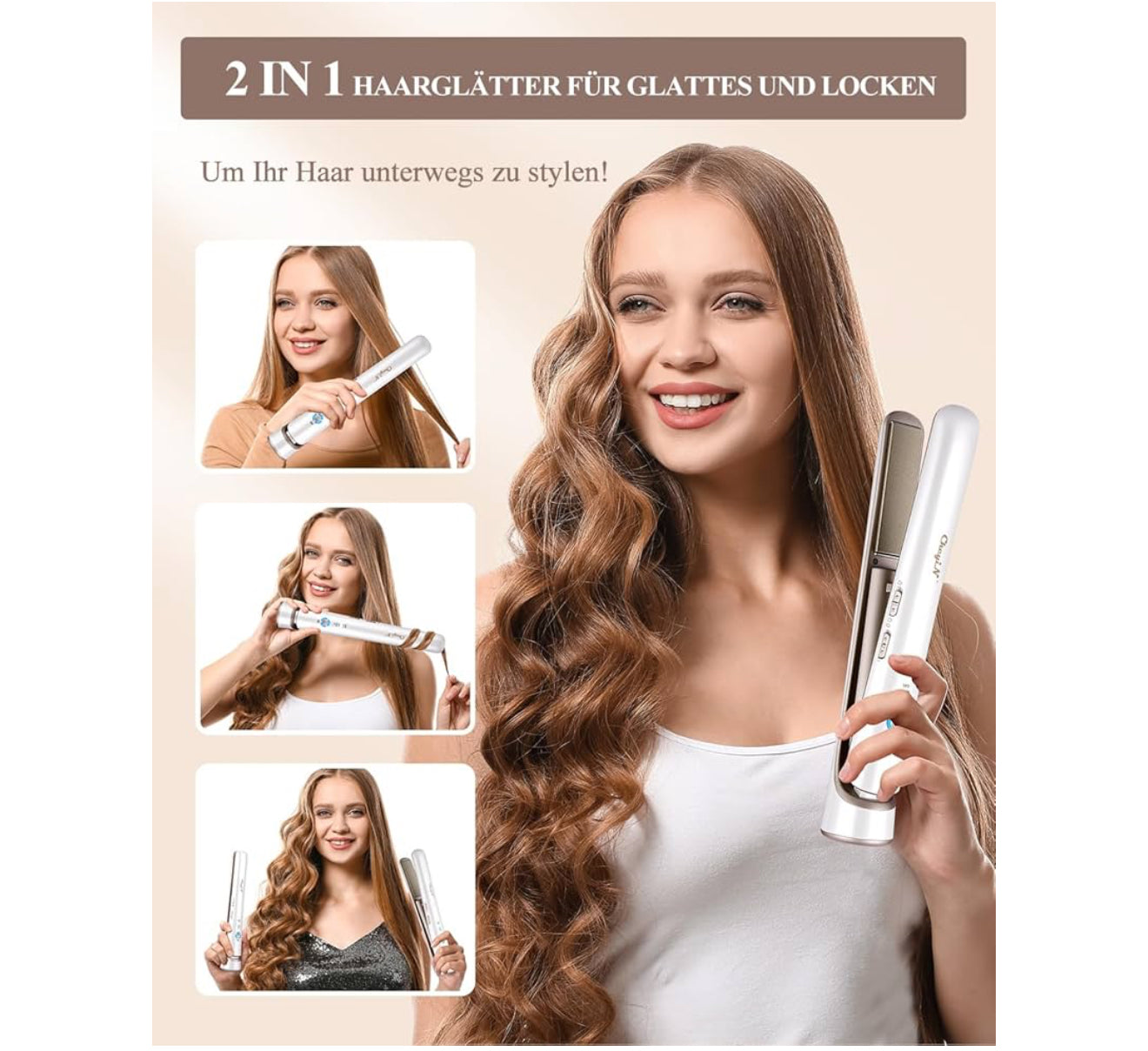 Kabelloses Glätteisen & Lockenstab 2-in-1 – Mini Haarglätter mit Keramikplatten, 5200 mAh Akku, USB-Aufladung, 3 Temperaturstufen – Für glattes & welliges Haar, Ideal für Reisen – Weiß