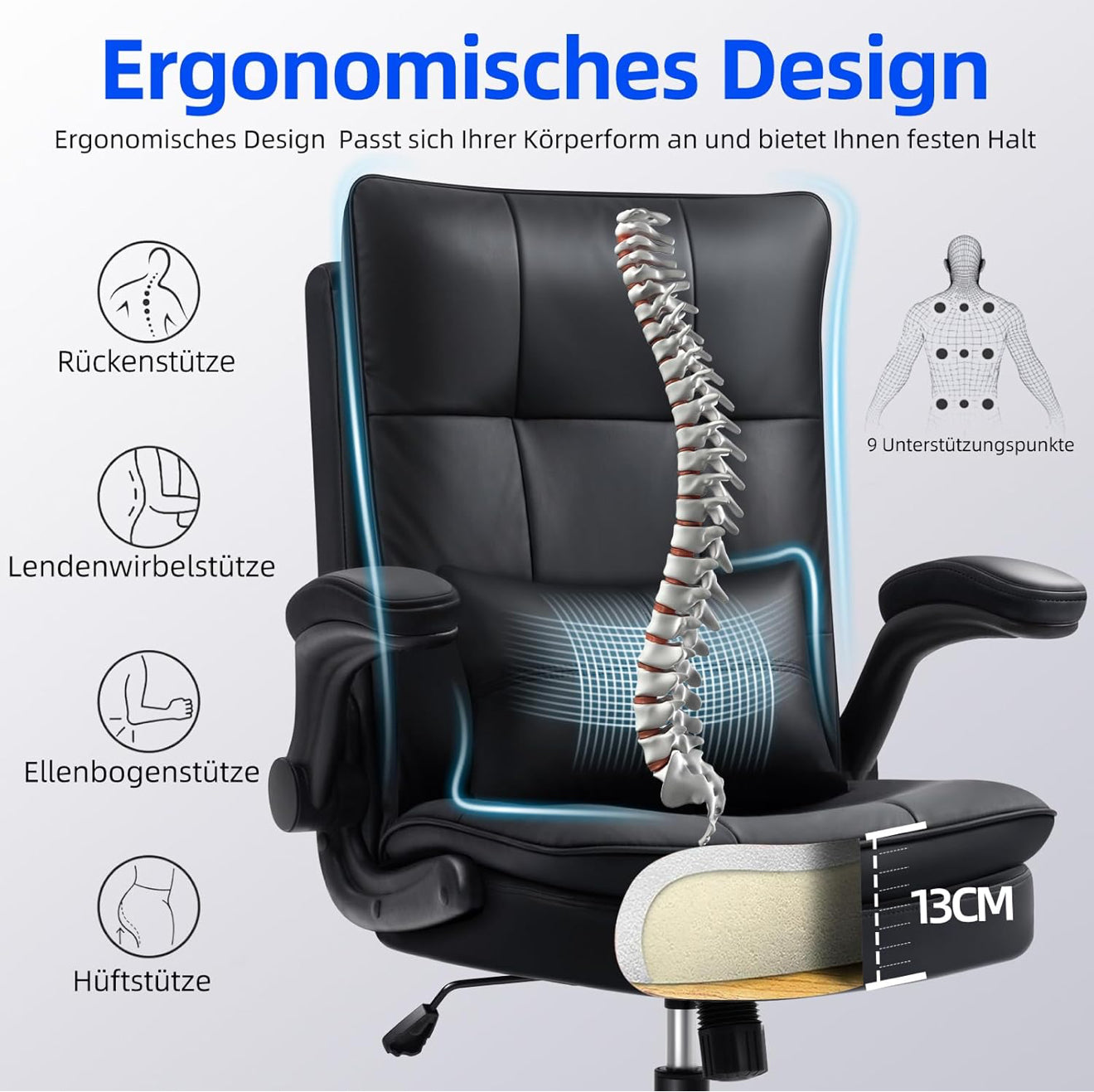Ergonomischer Bürostuhl | Kratzfestes Kunstleder | Klappbare Armlehnen | 150 kg
