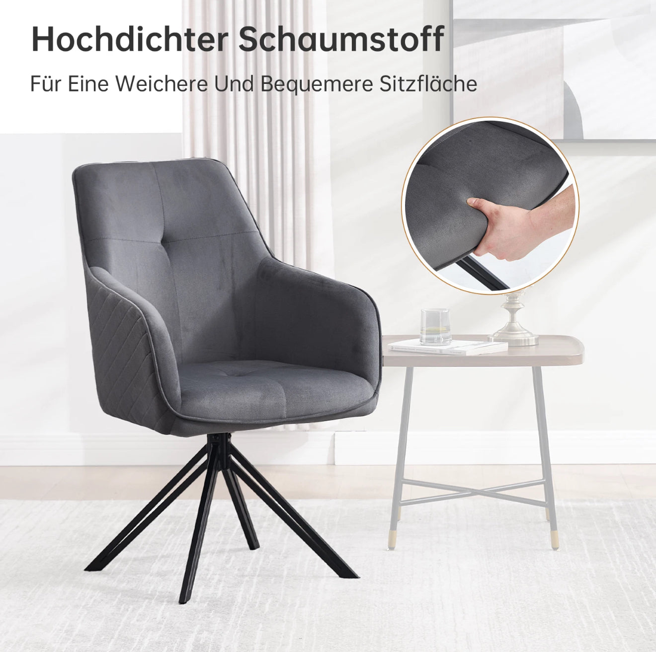 2er Set Drehbare Esszimmerstühle aus Samt – 180° Selbstrückstellung, Kapitoniertes Design – Grau oder Weiß – Kostenloser Versand