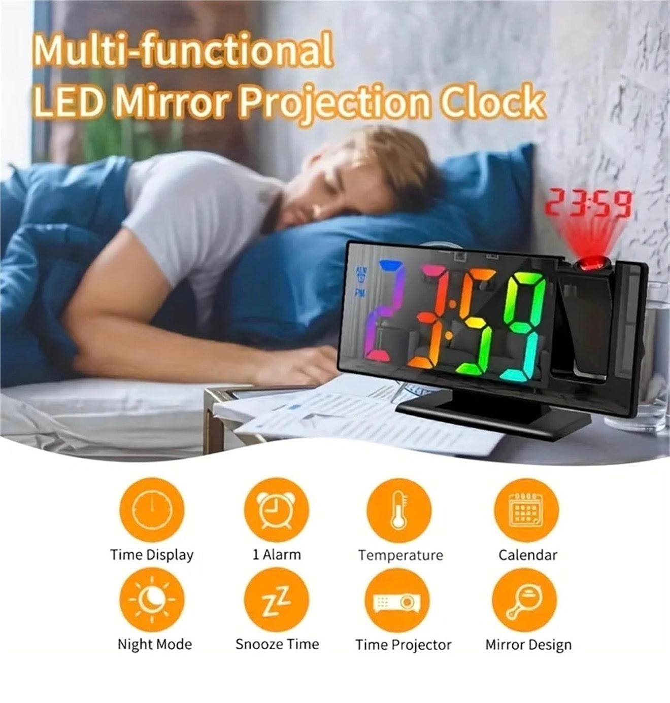 LED-Spiegel-Projektionswecker, Temperatur, Nachtmodus, USB, Snooze-Funktion