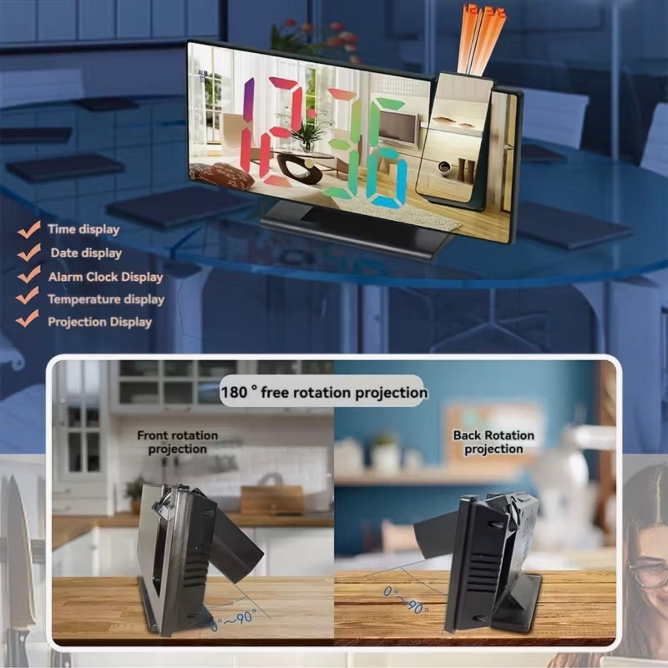 LED-Spiegel-Projektionswecker, Temperatur, Nachtmodus, USB, Snooze-Funktion