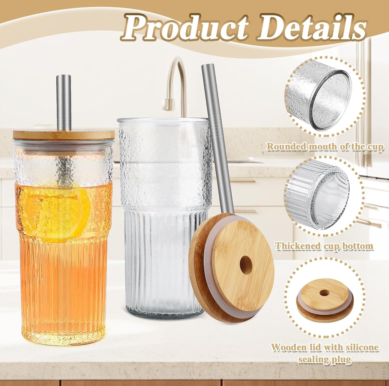 2x 600ml Boba Cup Glas Trinkbecher mit Bambusdeckel & Edelstahl Stronhalm Set