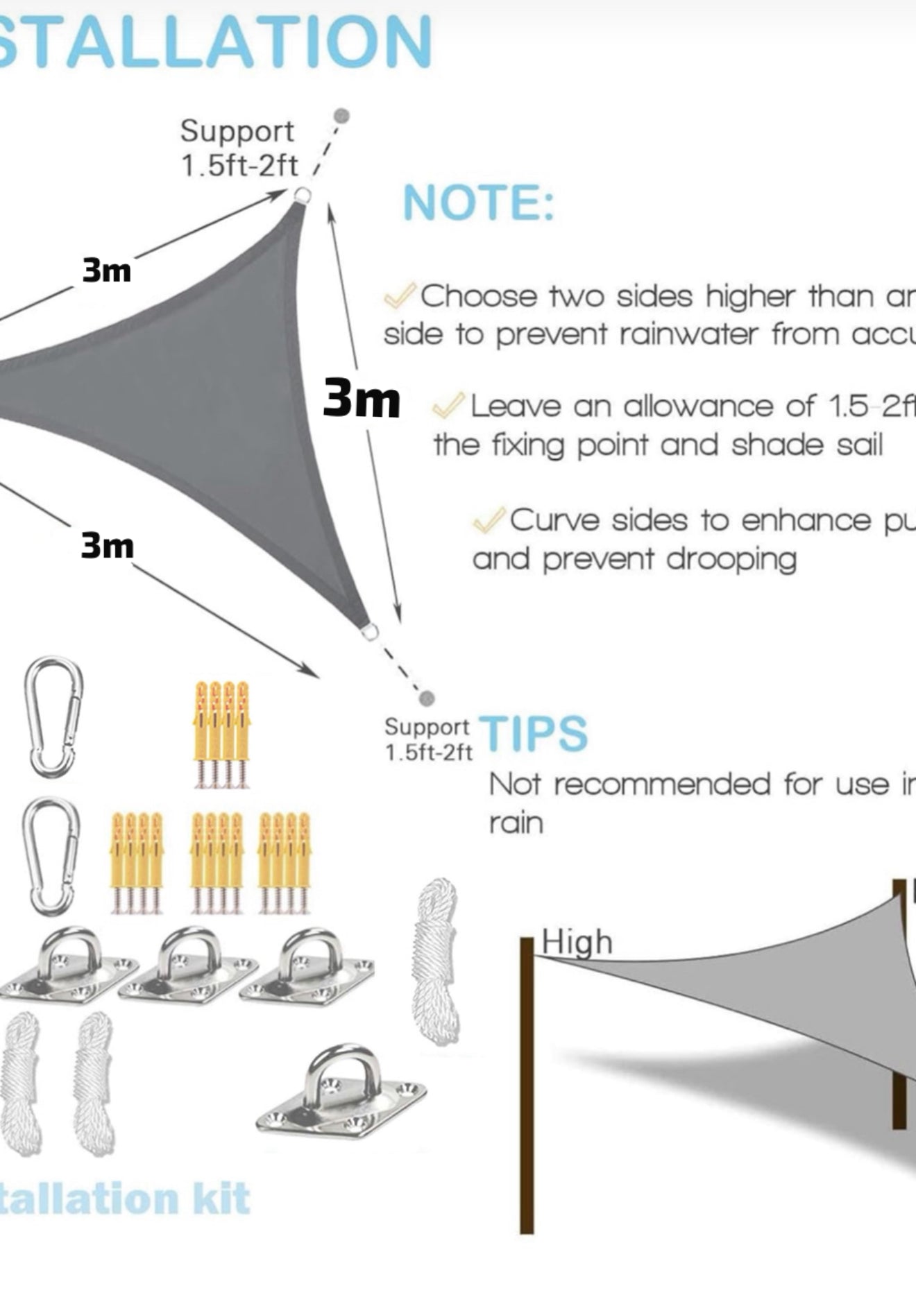Sonnensegel Dreieck 3x3x3 m Grau – Wasserdicht 420D PES UV-Schutz inkl. Befestigungsset Balkon Terrasse Garten