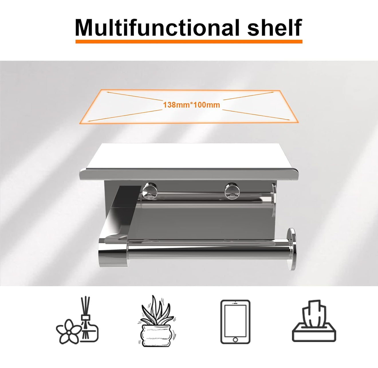 2X Toilettenpapierhalter Edelstahl mit Ablage, Selbstklebend oder Bohren, Silber