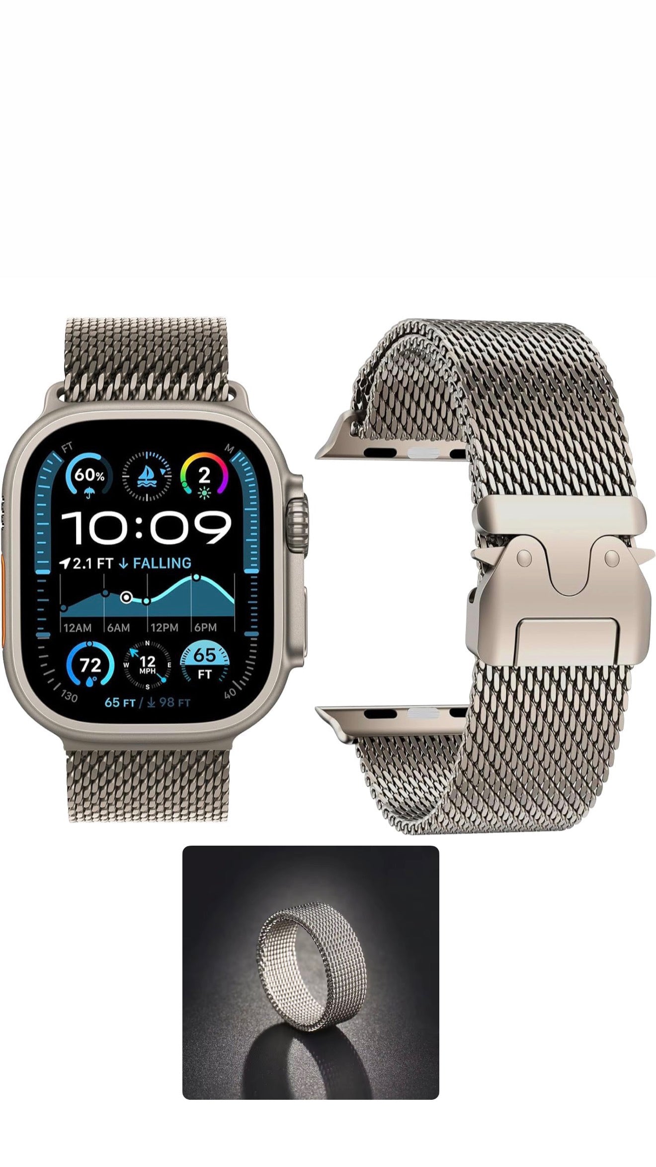 Apple Milanese Titan Milano Armband + Elastischer Titan Ring Unisex Set
