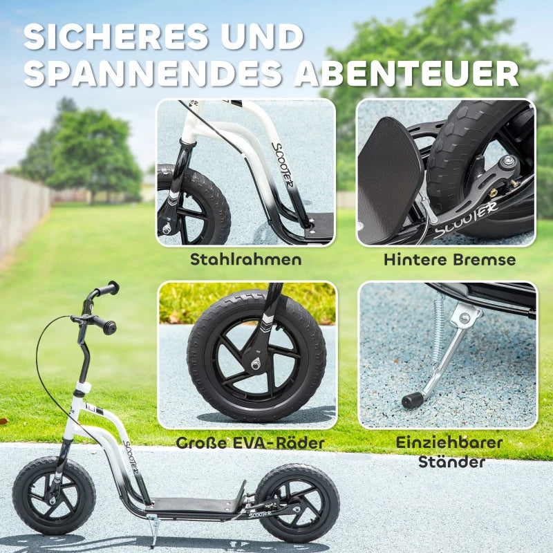 Kinderroller höhenverstellbar 5–12J, 12” Räder, Handbremse, Ständer