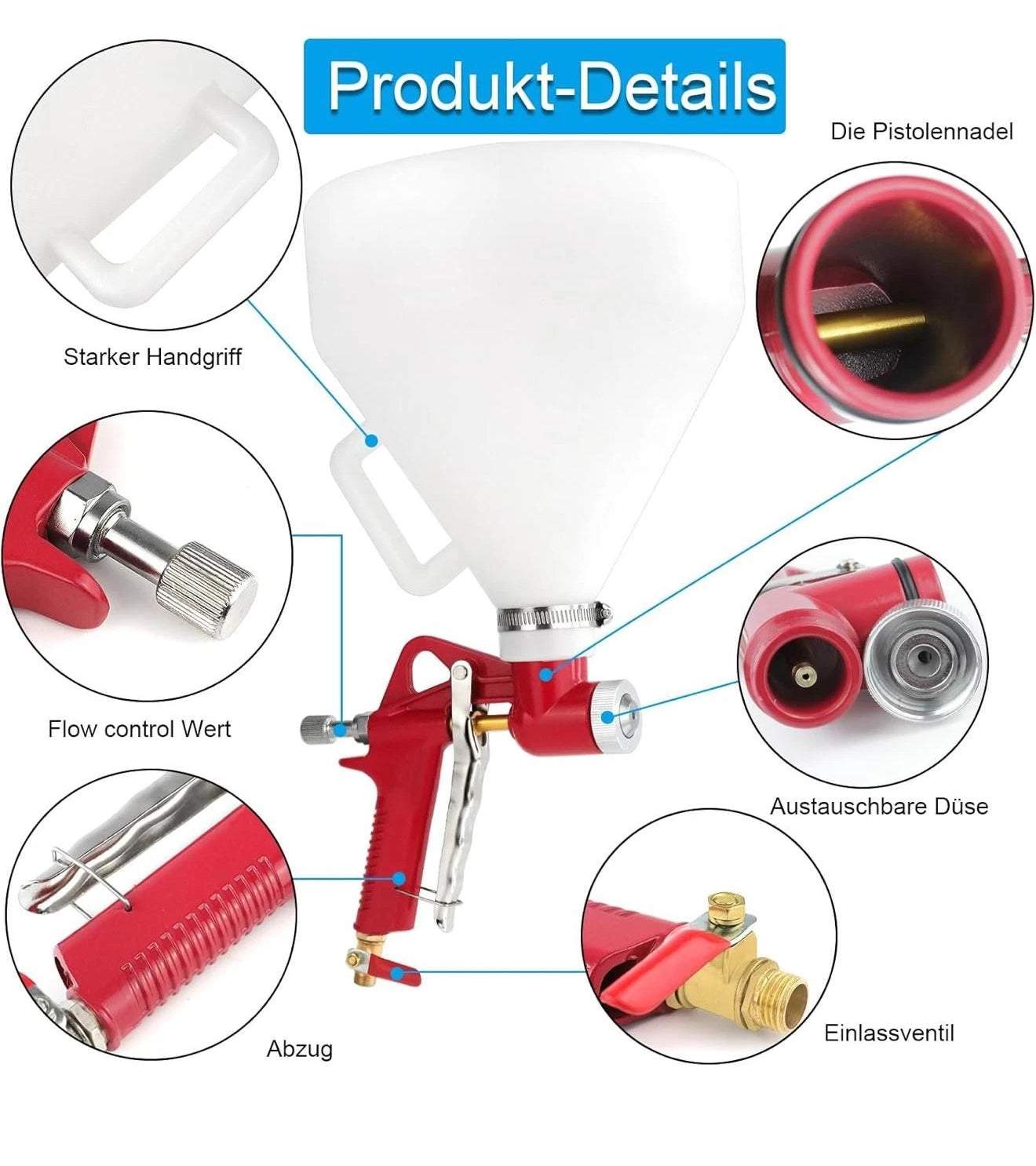 6L Trichterpistole Putzpistole Druckluft mit 3 Düsen 4/6/8 mm Wand Decke