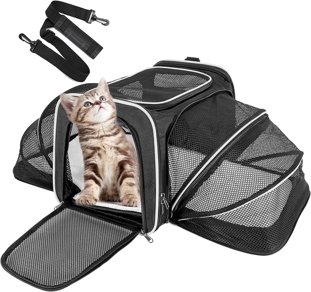 Erweiterbare Haustier Transporttasche Katze Hund Flugzeug Reisetasche Schwarz 40cm