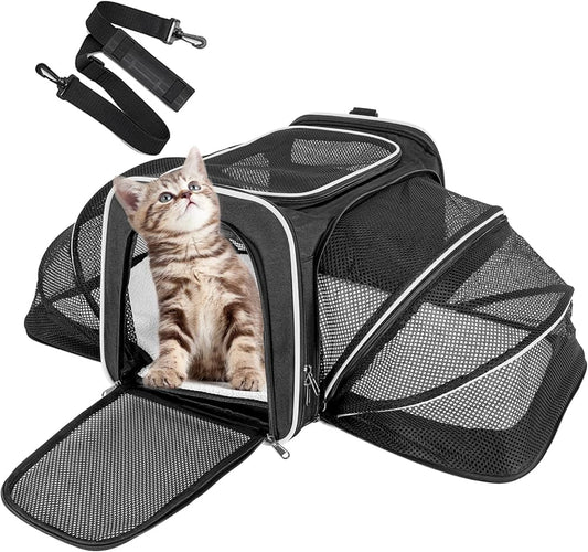Erweiterbare Haustier Transporttasche Katze Hund Flugzeug Reisetasche Schwarz 40cm