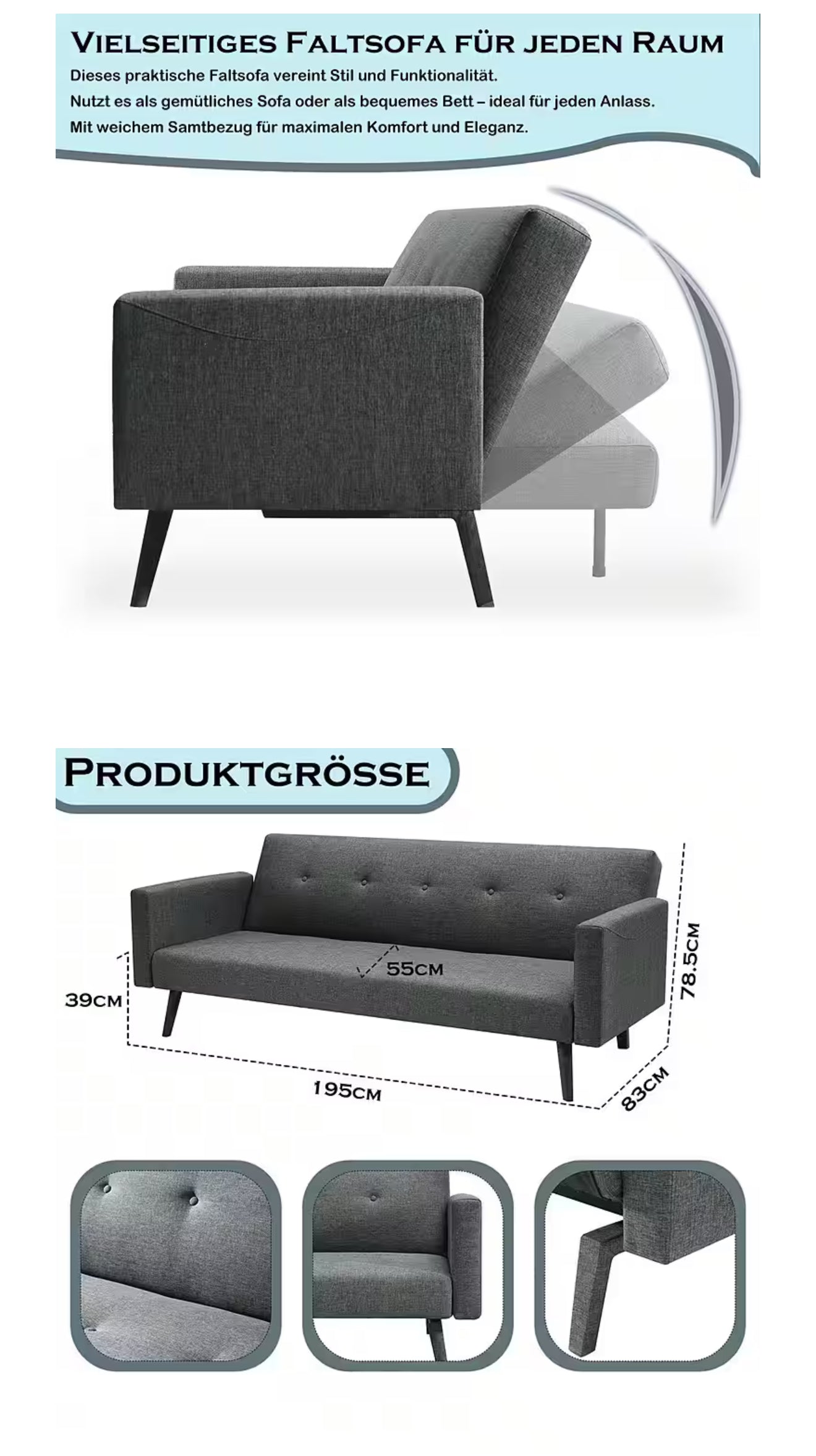 ALTIN™ Schlafsofa Grau & Dunkelgrau – Elegantes 2-in-1 Sofa mit Samtbezug und Klappfunktion für stilvolle Wohn- & Schlafzimmer