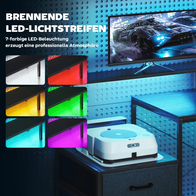 L-förmiger Gaming-Schreibtisch mit LED, Steckdosen & Monitorablage