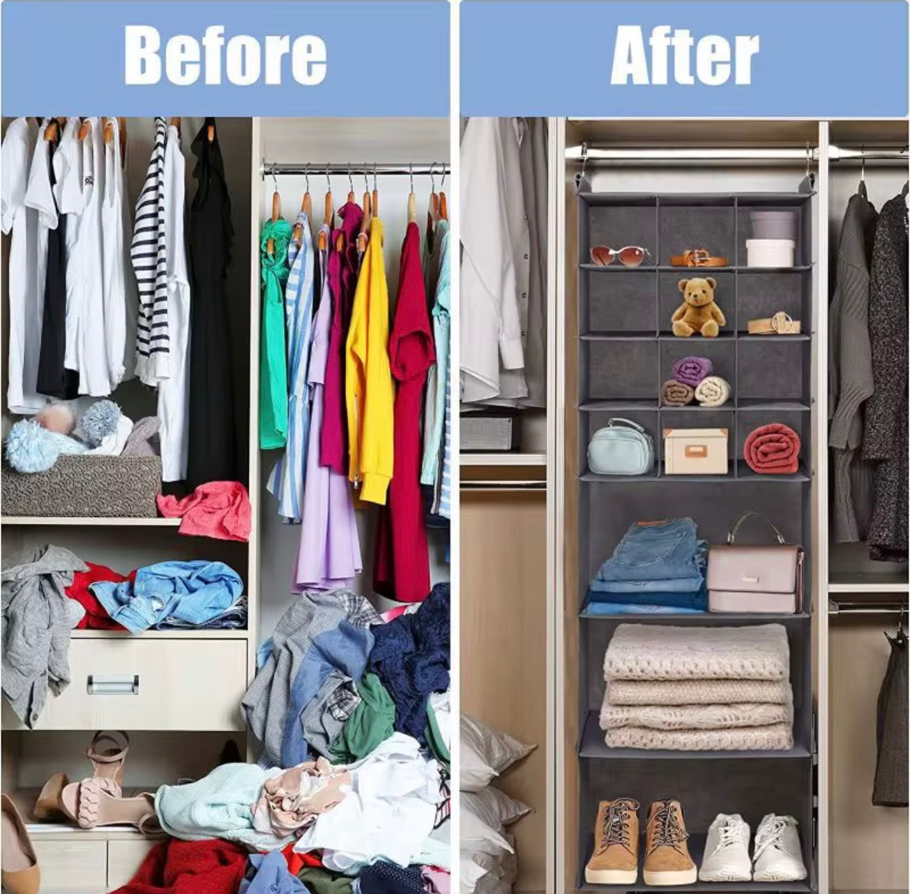 2er Set Schrank Organizer 30 Fächer Hängeregal Kleiderschrank Aufbewahrung Grau
