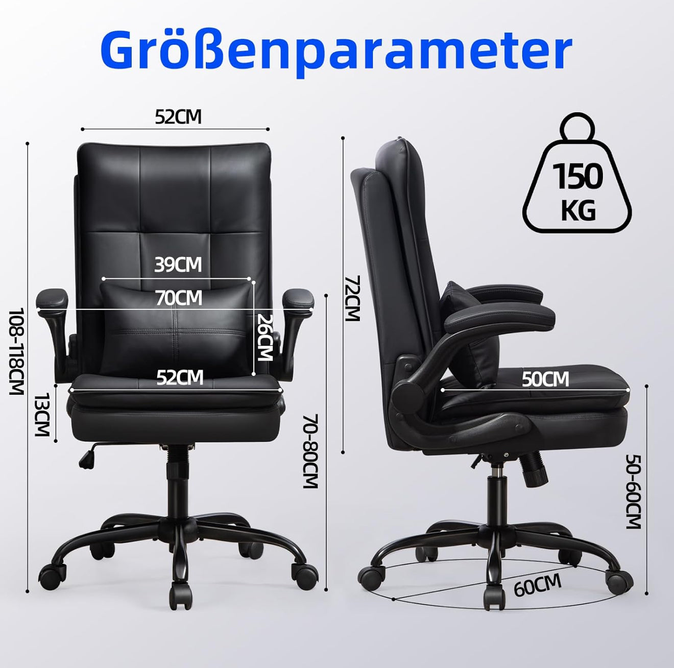 Ergonomischer Bürostuhl | Kratzfestes Kunstleder | Klappbare Armlehnen | 150 kg